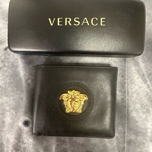Versace Black Leather Bi-Fold Wallet with Gold Medusa Detail